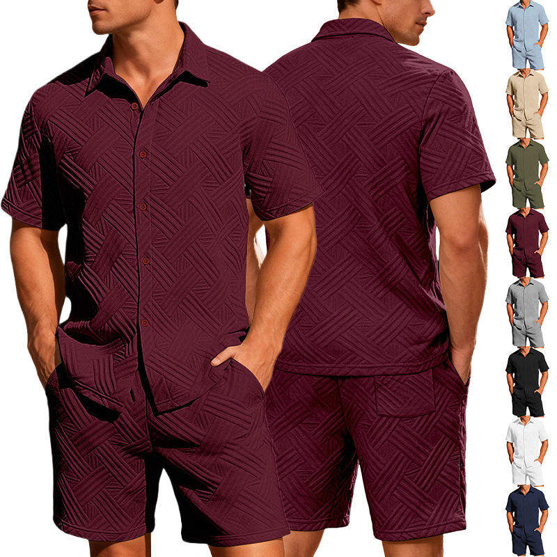 亚马逊外贸欧美夏季新款男纯色提花衬衫休闲运动短袖短裤两件套装,男装,其他套装,淘宝优惠券,粉丝福利购,淘宝优惠卷