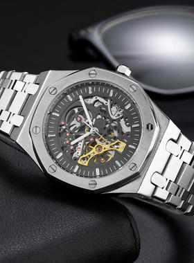 PLADEN品牌手表 经典商务多边形玻璃镂空机械不锈钢夜光男士手表