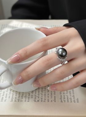 Manreya玛芮雅“冰雪女王”大溪地珍珠戒指女开口可调节闪钻轻奢