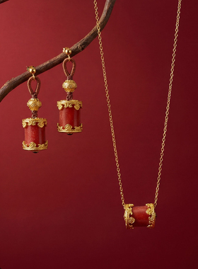 Manreya玛芮雅项链路路通红玛瑙桶珠项链耳耳环套装女新年银镀金