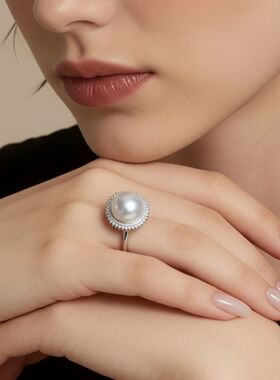 Manreya玛芮雅星环华彰澳白珍珠戒指珠戒指女开口可调节闪钻轻奢