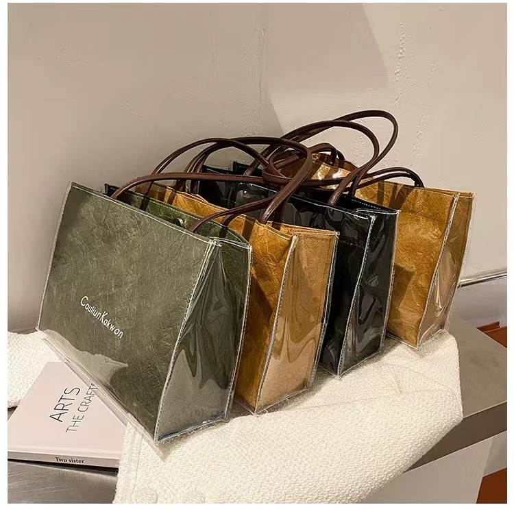 复古文艺通勤水洗牛皮纸包防水pvc杜邦纸手提袋女托特包定制logo