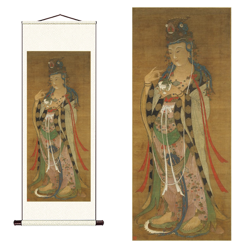 宋人观音大士像传统工笔佛像画临摹范本中式装饰画艺术绢布画心