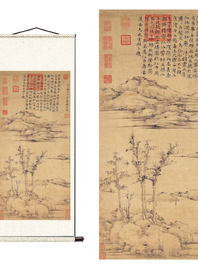 1:1元倪瓒 容膝斋图纸本立轴原大微喷复制学习临摹国画山水画手稿