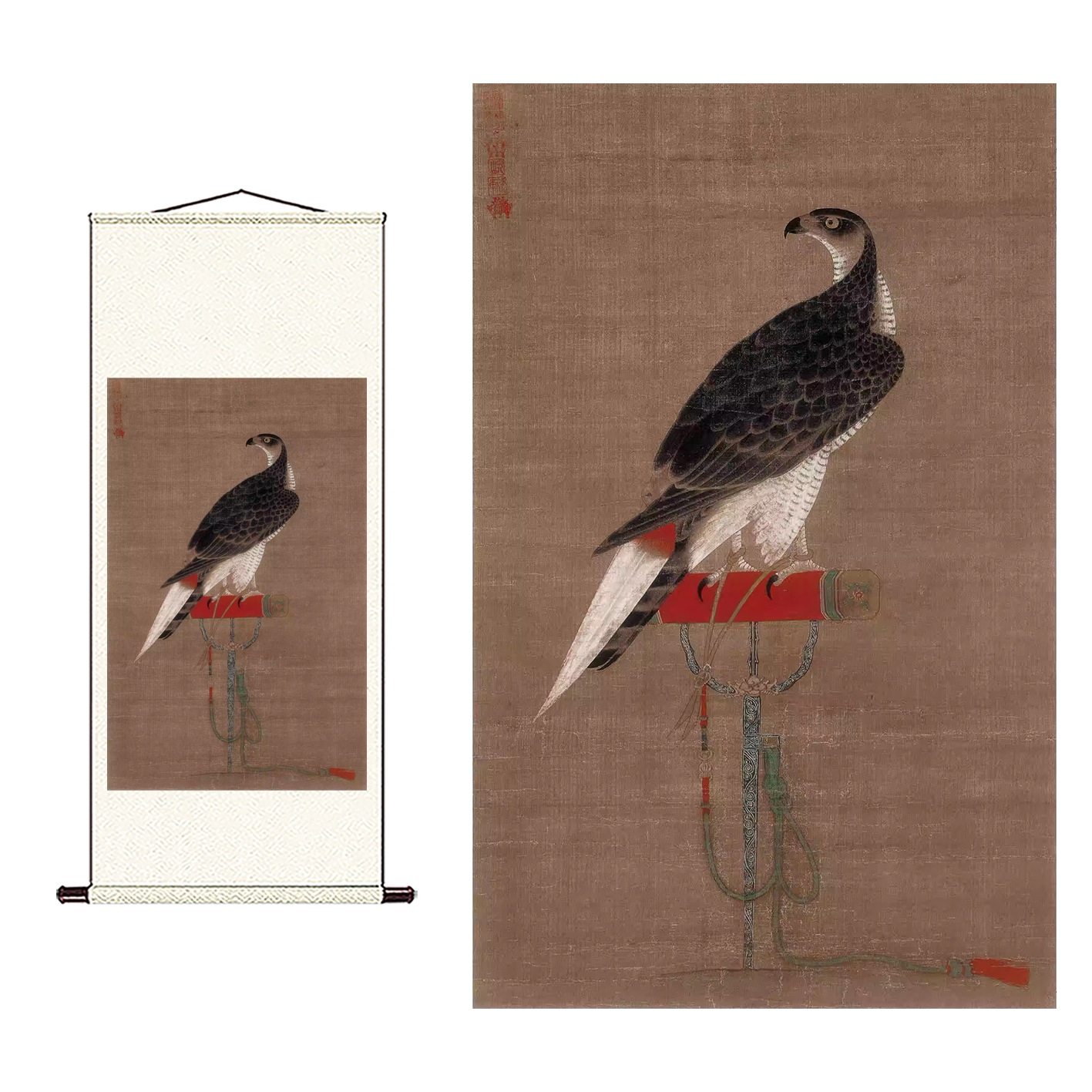 元 李泽 架上鹰图绢本设色老鹰工笔画高清数字微喷复制临摹范本