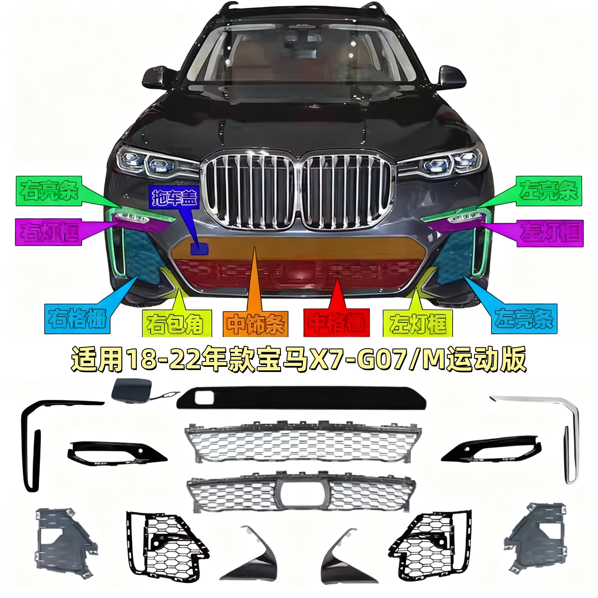 适用宝马X7前杠格栅通风网G07装饰条亮条X7饰板盖板拖车盖雾灯罩