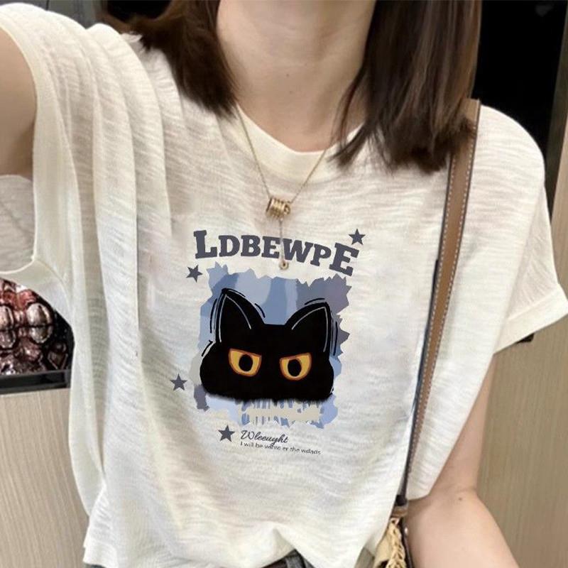 白色面膜短袖t恤女2025新款夏季猫咪冰丝针织衫宽松显瘦体恤上衣