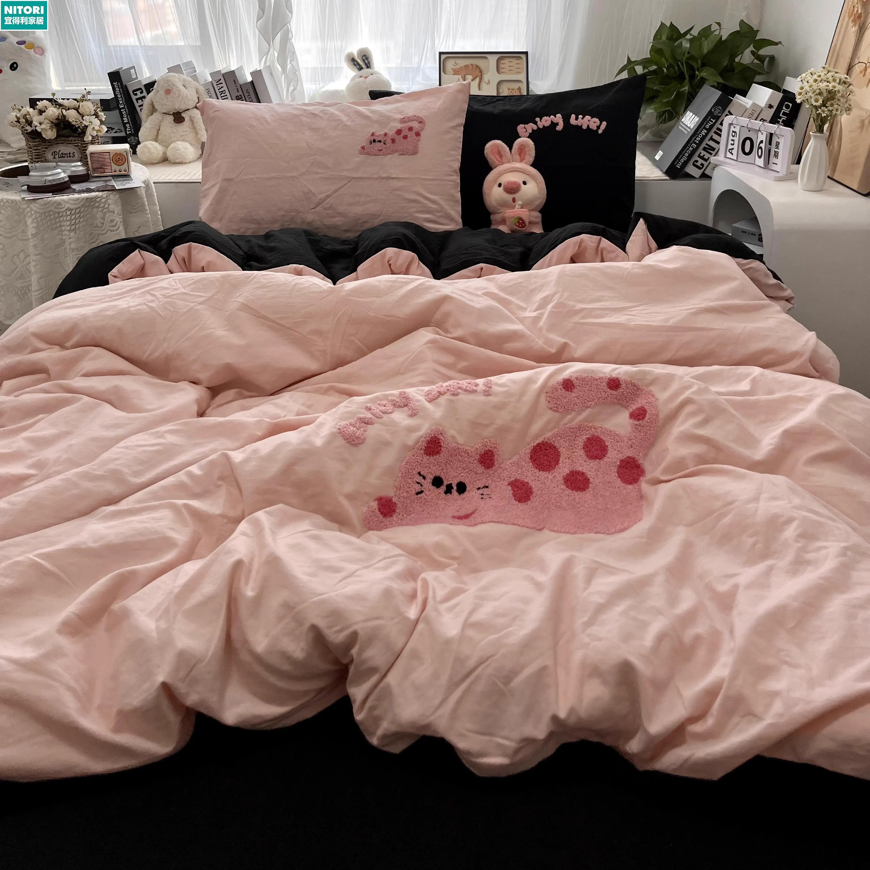 日本进口便宜得利ins少女心粉拼黑波点猫毛巾绣水洗棉四件套全棉