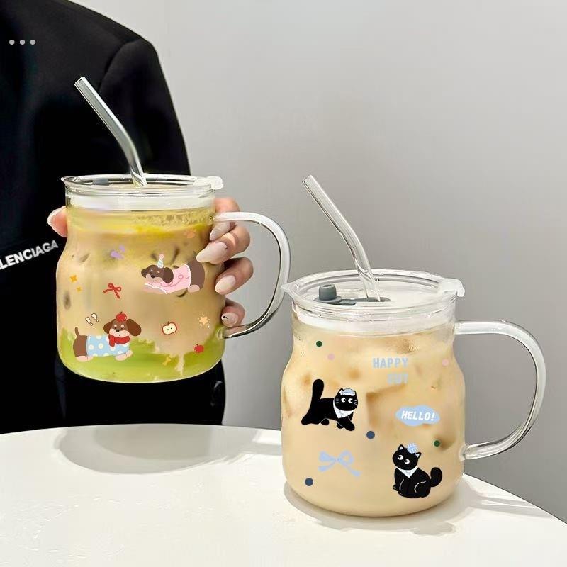 高颜值玻璃杯600ml印花带刻度杯家用喝水杯吸管杯情侣杯牛奶杯