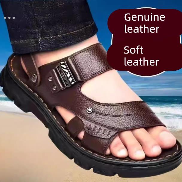 真皮男士凉鞋厚底软底中年爸爸凉拖鞋防水防滑耐磨外穿两用沙滩鞋