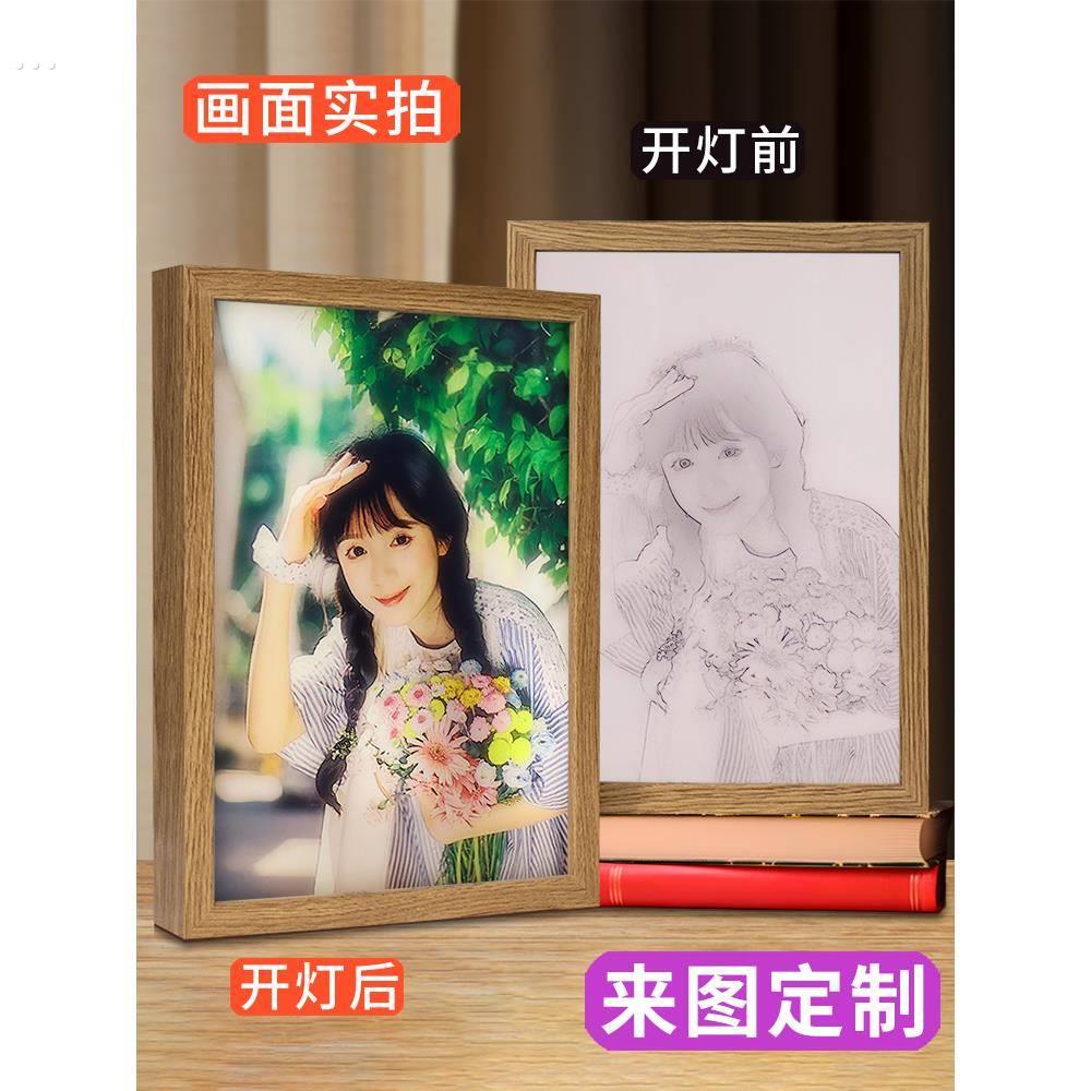 镜子面真人定做创意灯光画来图定制照片宠物情人节礼物素描小夜灯