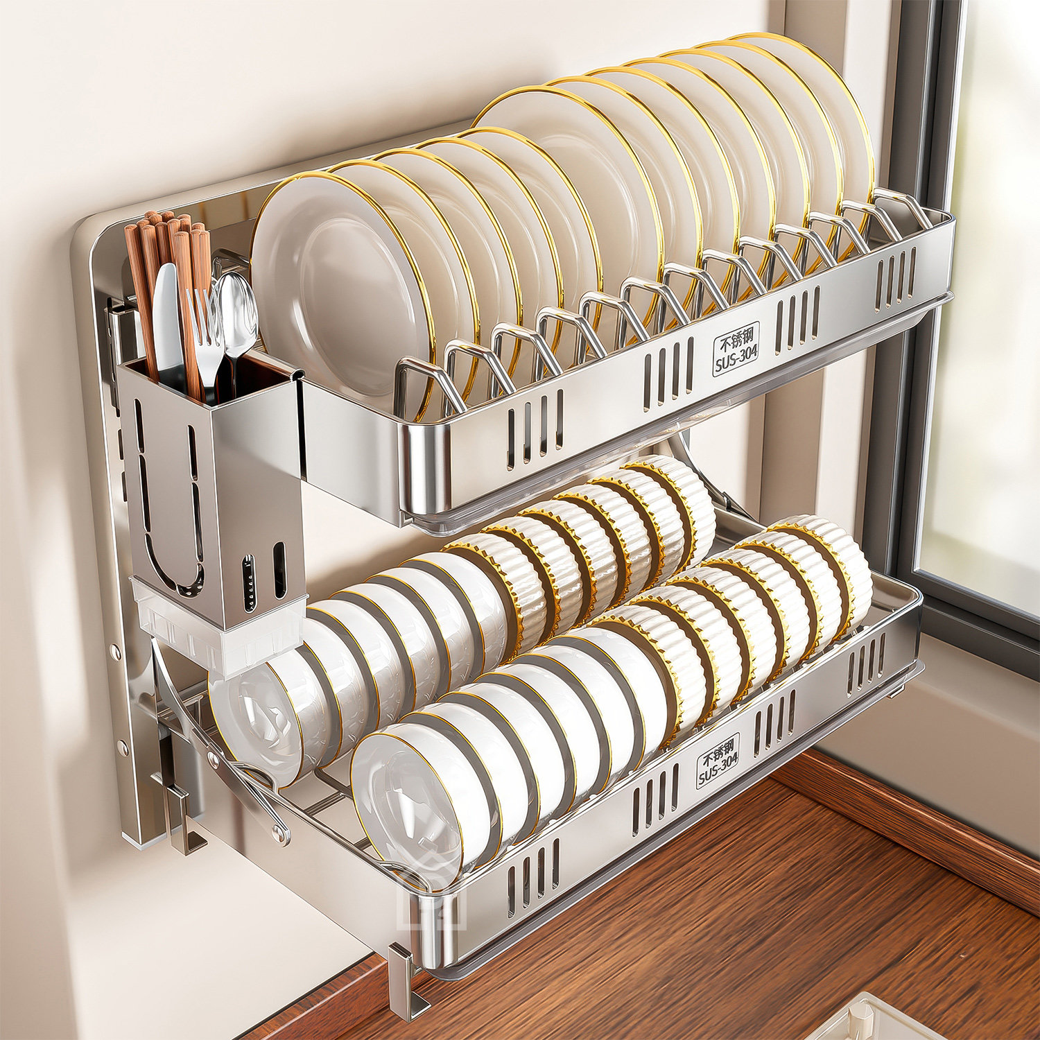 壁挂式不锈钢碗架厨房置物架免打孔碗筷盘子碗碟沥水架墙上多功能