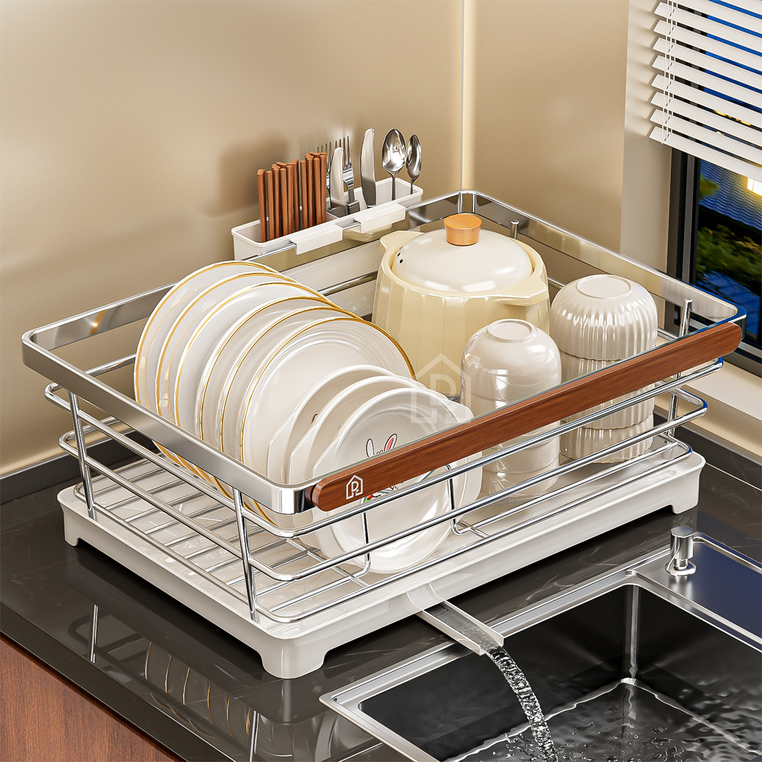 满满设计感&橡木风不锈钢沥水架