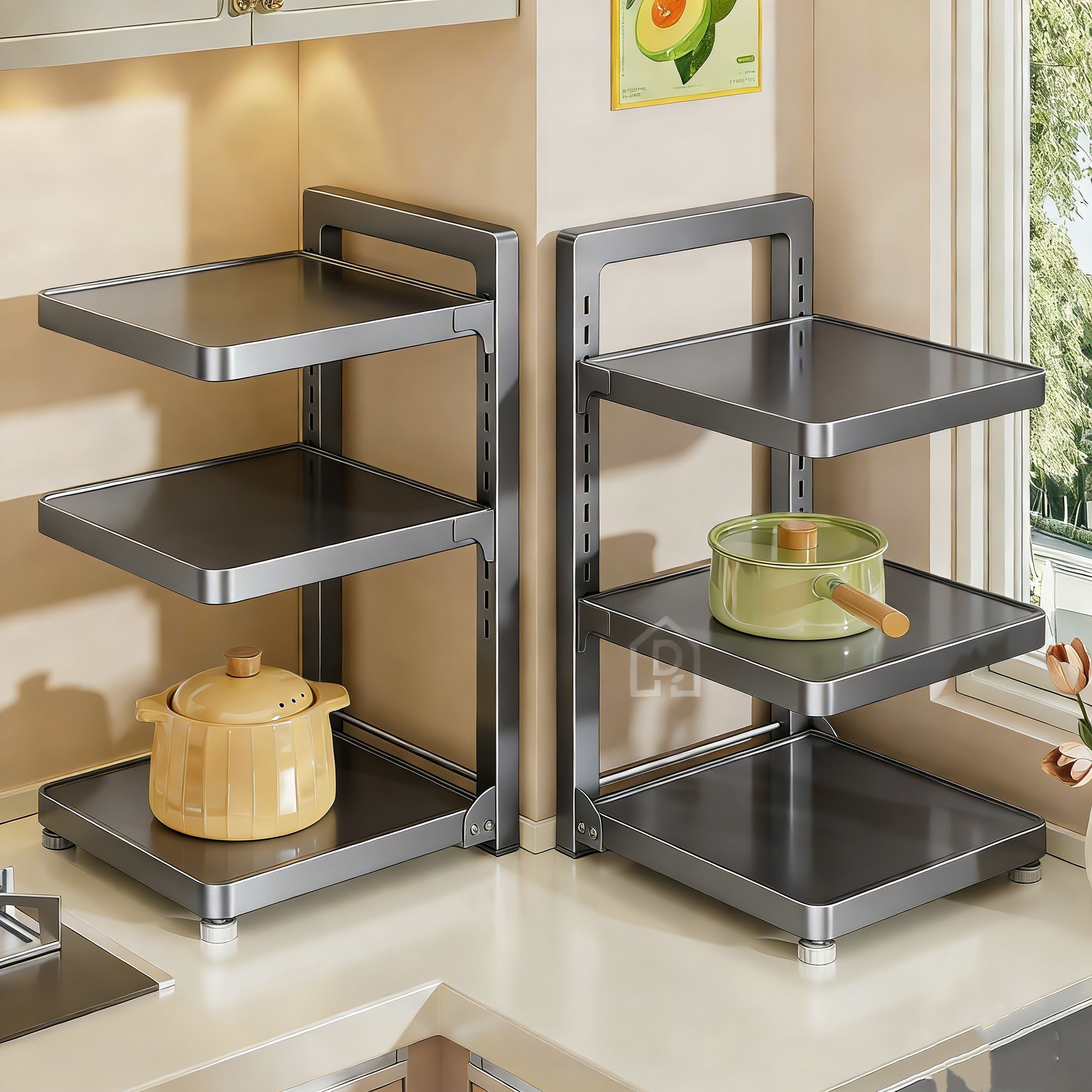 厨房锅具收纳架橱柜内分层备菜锅架多功能家用可折叠水槽下置物架