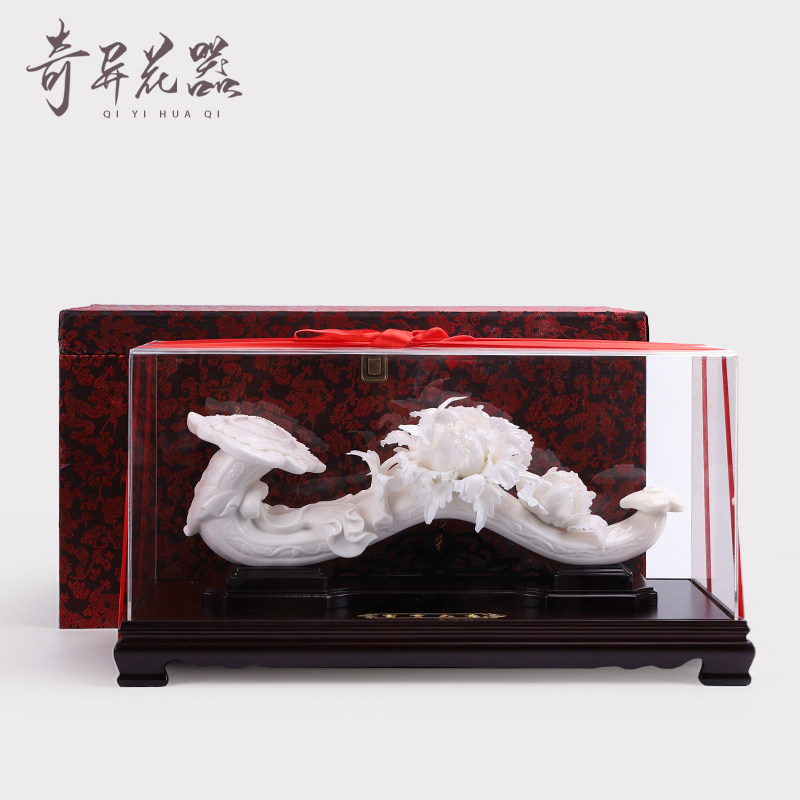 德化白瓷《富贵如意》牡丹瓷器工艺品摆件家居博古架装饰品送礼品