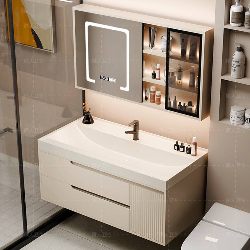 新款法式奶油风浴室柜组合鎏金石一体盆海洋盆洗漱台洗脸盆柜组合