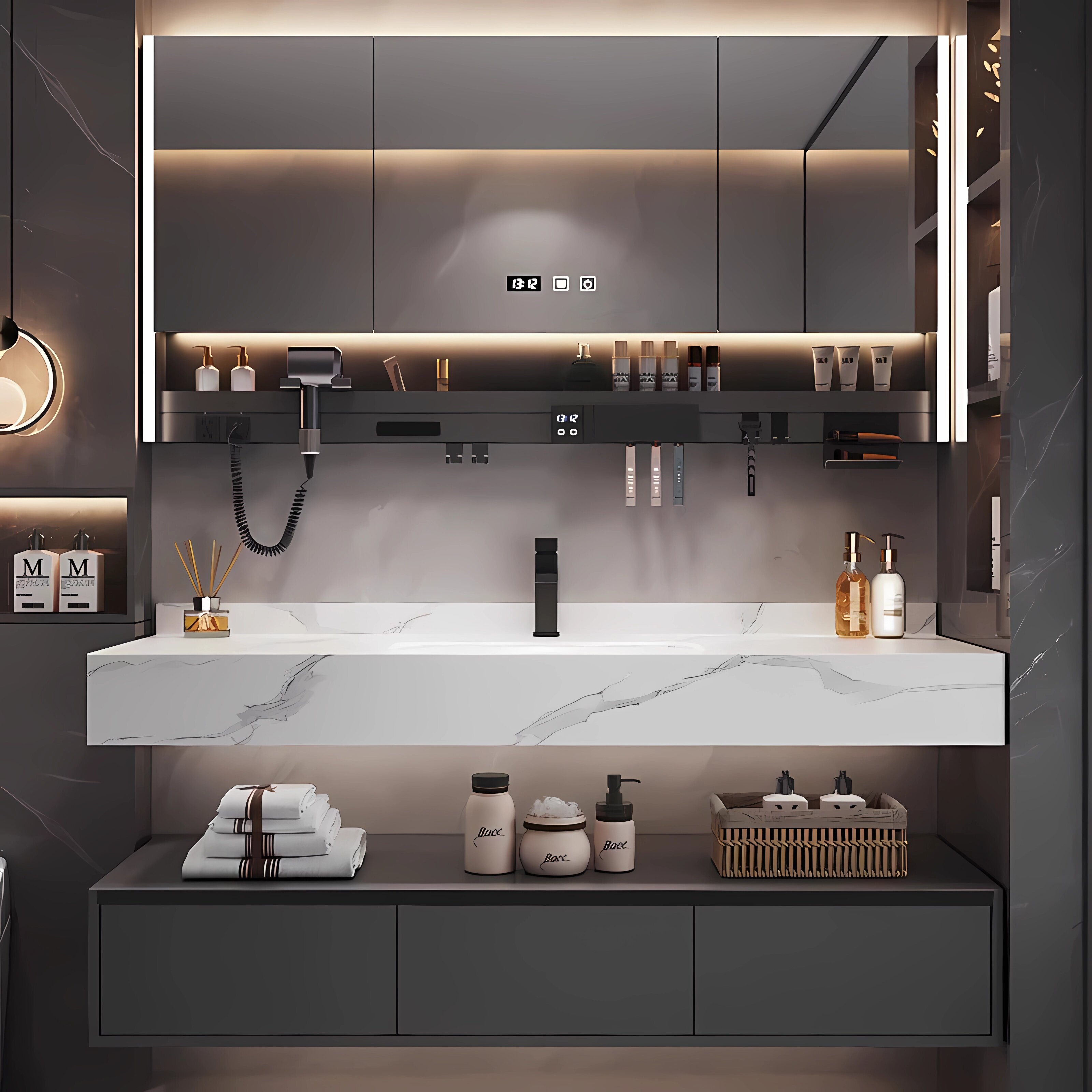 岩板陶瓷无缝一体盆轻奢风浴室柜分层柜卫生间卫浴洗手洗脸洗漱台