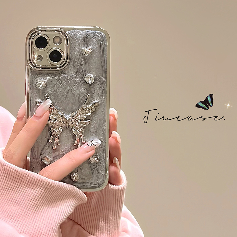 奢华电镀蝴蝶闪钻适用iphone15promax手机壳苹果14新款16滴胶13pro高级感12pm小众女14pro网红15创意全包防摔