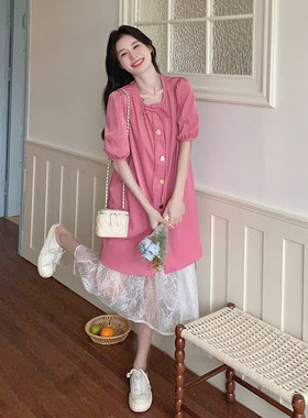 玫粉色连衣裙+蕾丝吊带两件套