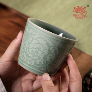 龙泉青瓷牡丹主人杯品茗杯功夫茶具茶杯单杯手捧泡茶杯子喝茶杯