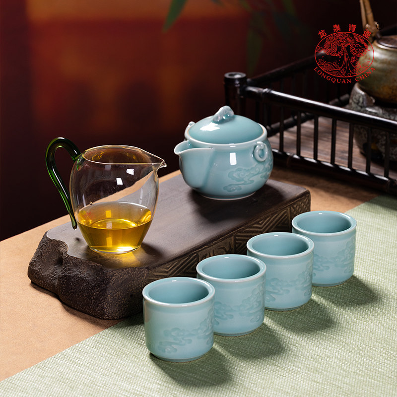 龙泉青瓷官方陶瓷手抓壶家用功夫茶具套装泡茶杯办公室便携式礼盒