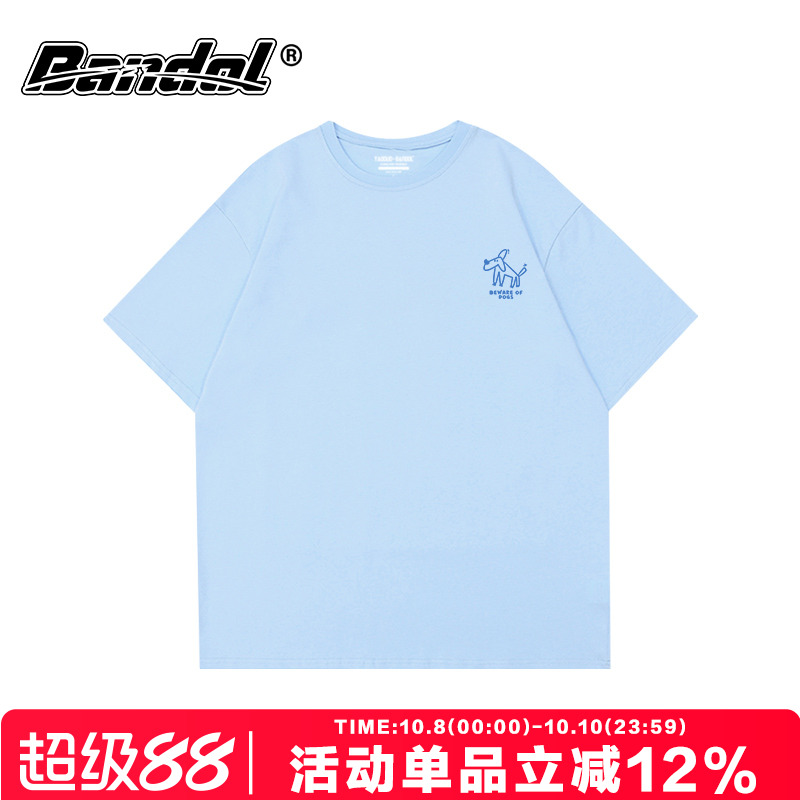 韩版chic夏日简约上衣可爱狗狗印花奶蓝色圆领大码宽松短袖t恤女