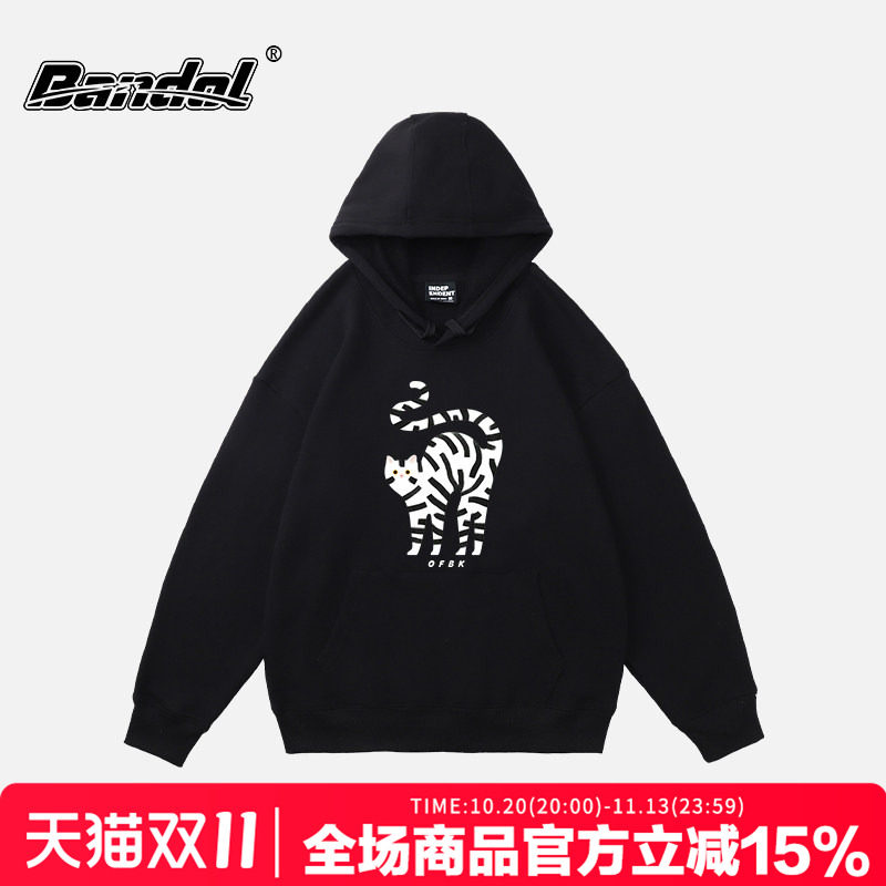 韩版设计感女生可爱猫咪印花黑色连帽卫衣oversize宽松长袖外套潮