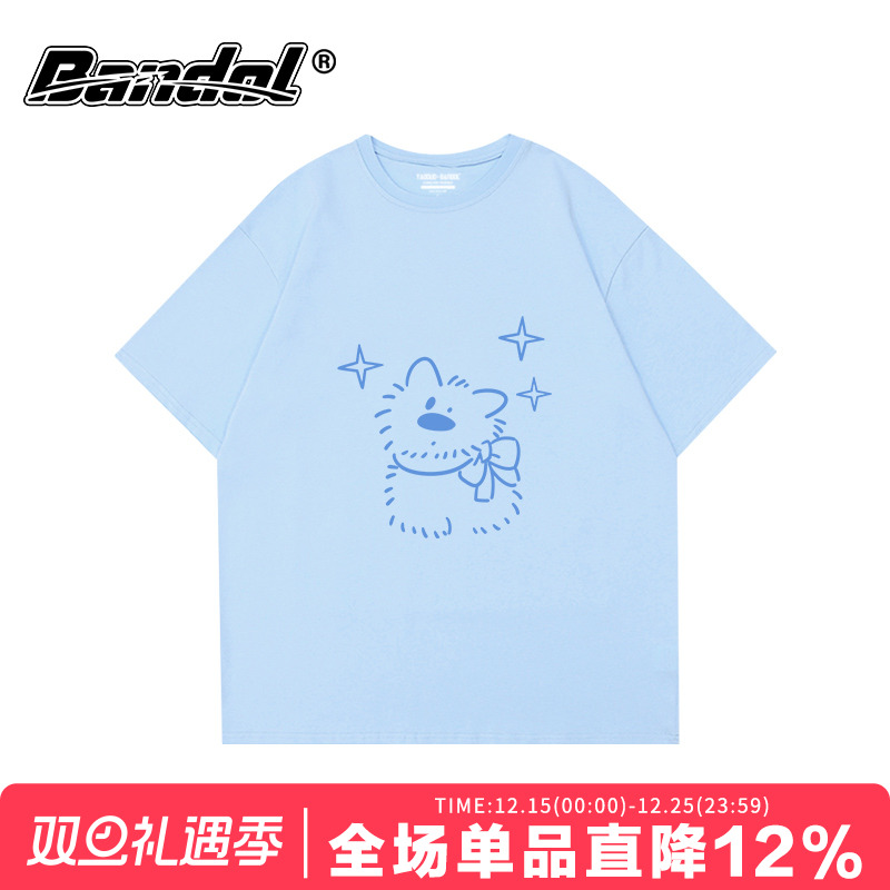 韩版百搭学院风可爱狗狗印花奶蓝色大码短袖t恤女oversize半袖潮