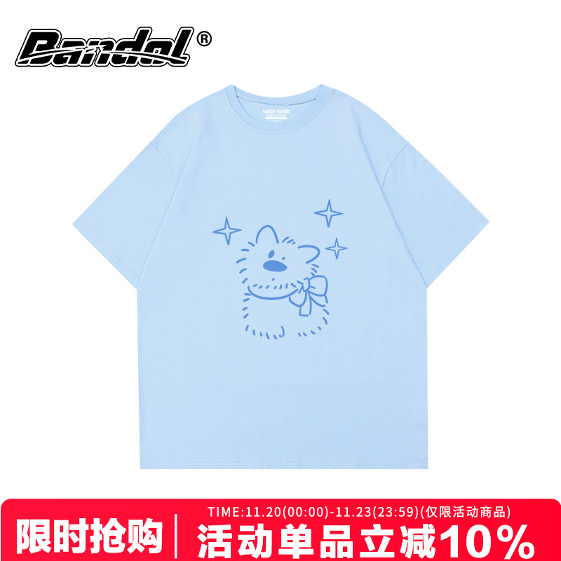 韩版百搭学院风可爱狗狗印花奶蓝色大码短袖t恤女oversize半袖潮