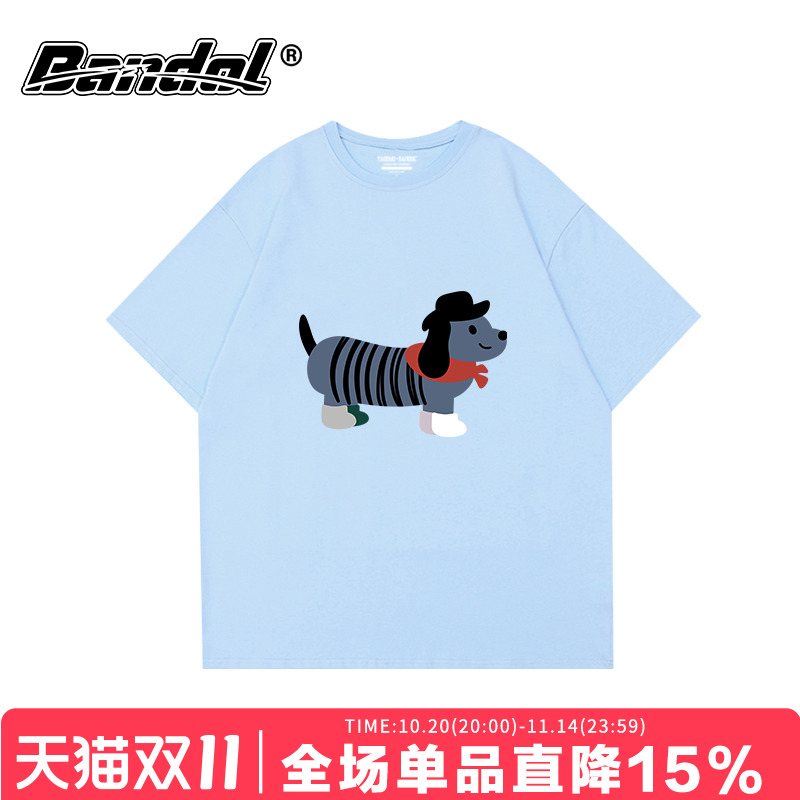 chic韩系可爱学院风卡通狗狗印花奶蓝色短袖t恤女宽松正肩上衣夏