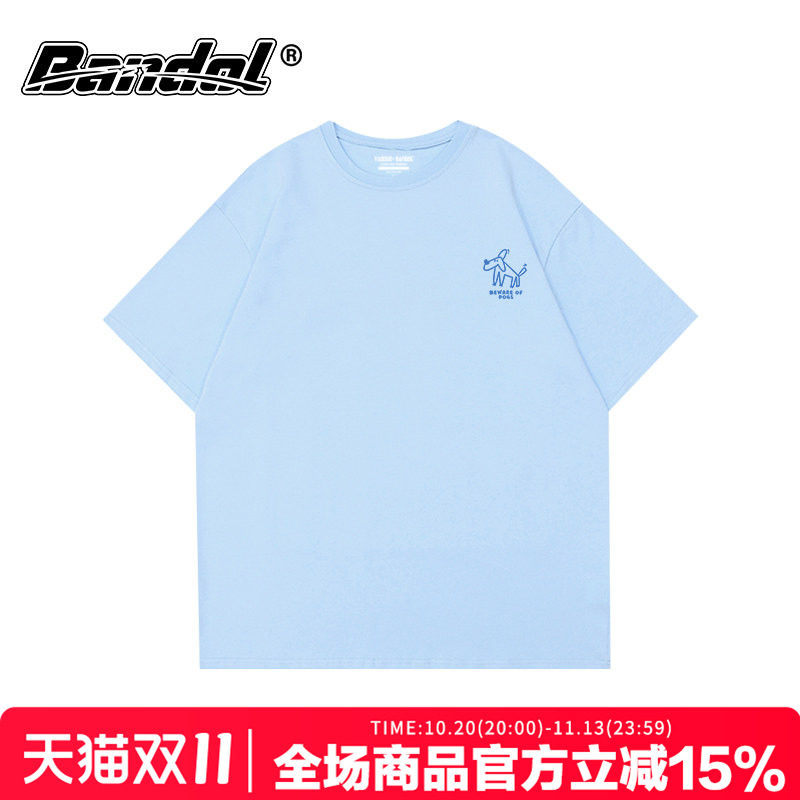 韩版chic夏日简约上衣可爱狗狗印花奶蓝色圆领大码宽松短袖t恤女
