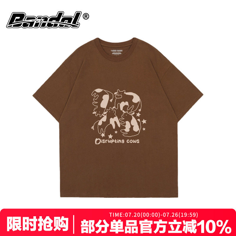 韩版ins简约可爱风奶牛卡通印花咖啡色圆领短袖t恤女百搭大码半袖