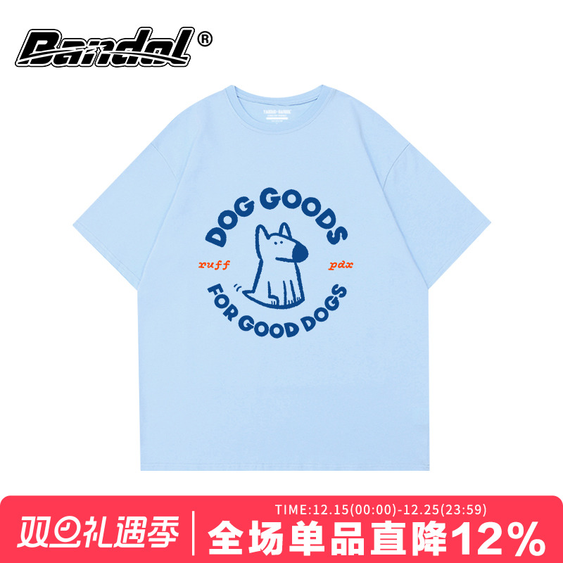 ins小众简约卡通狗狗印花bf风宽松奶蓝色盐系短袖T恤2025夏季女潮