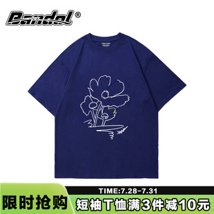 chic港风简约印花t恤女藏蓝色短袖 宽松纯棉上衣 韩版 ins风百搭大码