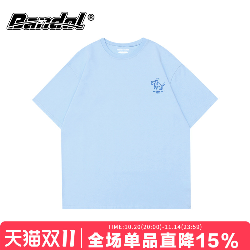 韩版chic夏日简约上衣可爱狗狗印花奶蓝色圆领大码宽松短袖t恤女