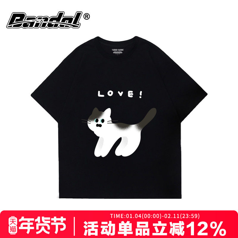 日系ins简约风猫咪印花黑色短袖t恤女chic小众显瘦大码正肩半袖夏