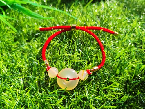 正品黄龙玉平安扣手链冰粉本命年红绳手链招财转运保平安17*7mm