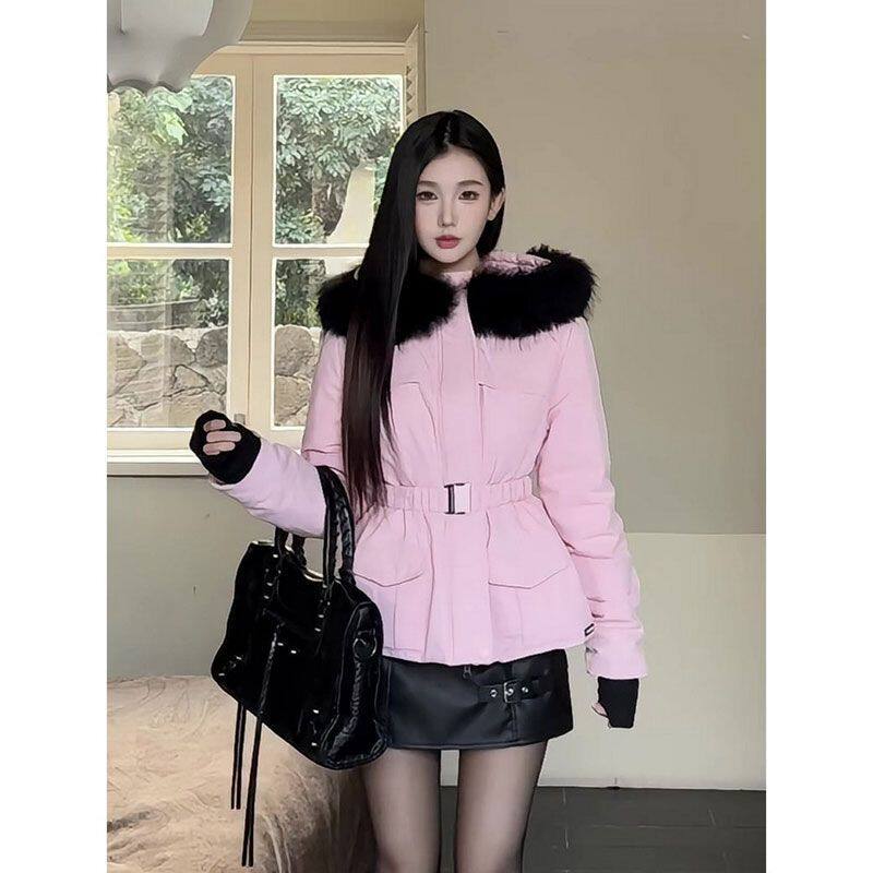收腰大毛领连帽羽绒服女