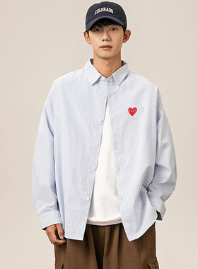 CDG牛津纺条纹爱心明星同款衬衫川久男女春秋PLAY宽松衬衣保玲