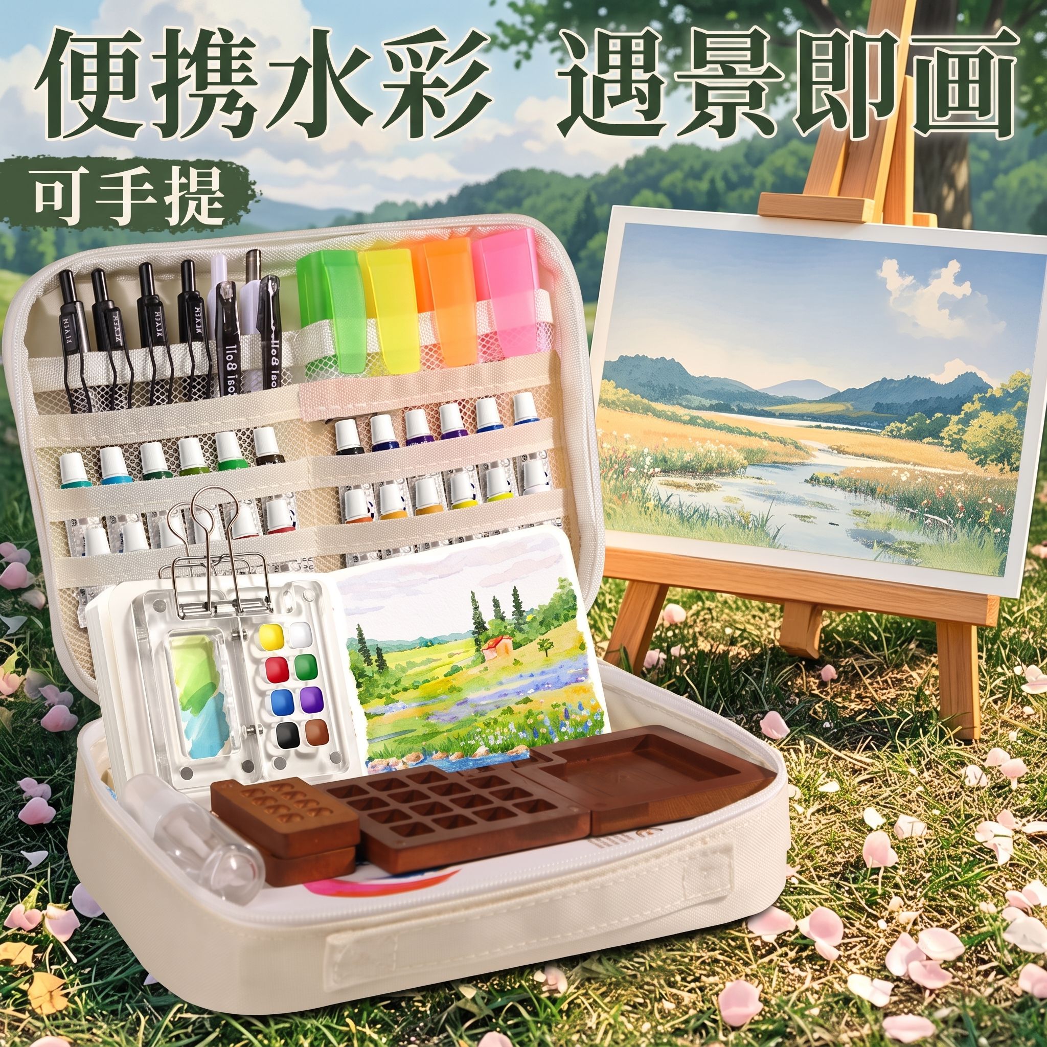 胡桃木迷你固体水彩颜料盒便携