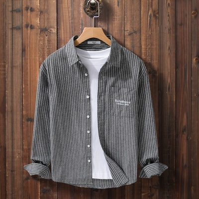 休闲慵懒风经典条纹衬衫男长袖翻领宽松字母刺绣高质感青年衬衣潮