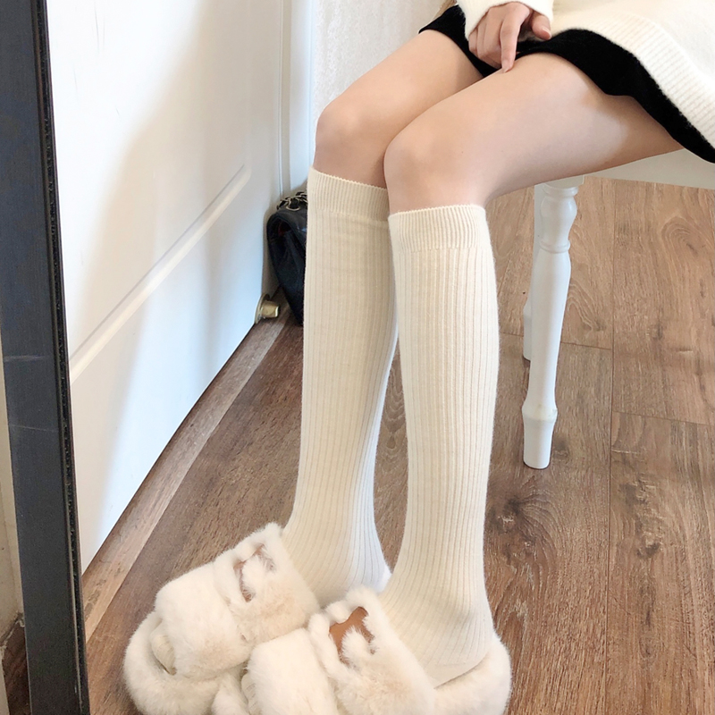 长筒袜女2022秋冬新款加绒米白色小腿袜加厚保暖白色灰色过膝袜