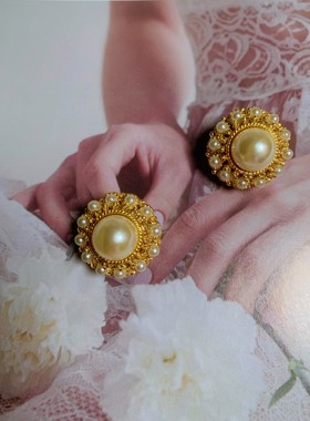 法式复古高品宫廷式小众设计高级感圆形珍珠耳饰耳夹
