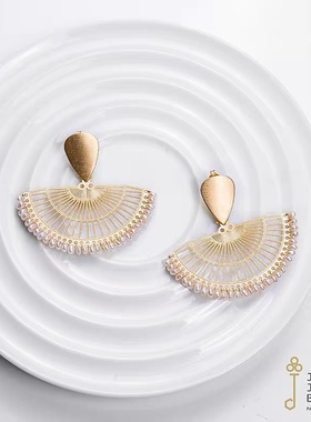 jinger法国巴黎设计师原创小众天然珍珠金色扇形耳钉耳环