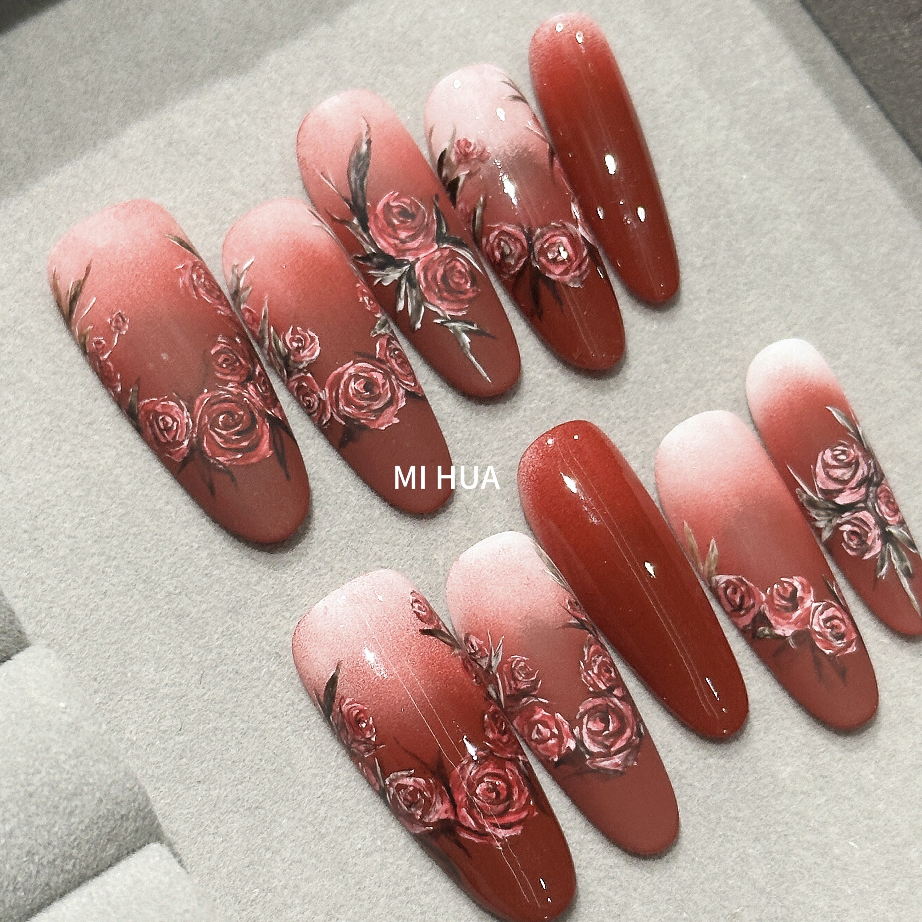 【mihua】精致女人 纯手绘玫瑰红色系美甲婚甲秀禾穿戴甲显白高级