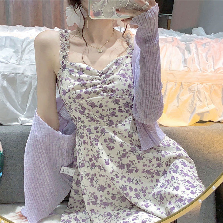 碎花裙子新款吊带连衣裙套装女夏学生甜辣风短裙防晒开衫,13.9元