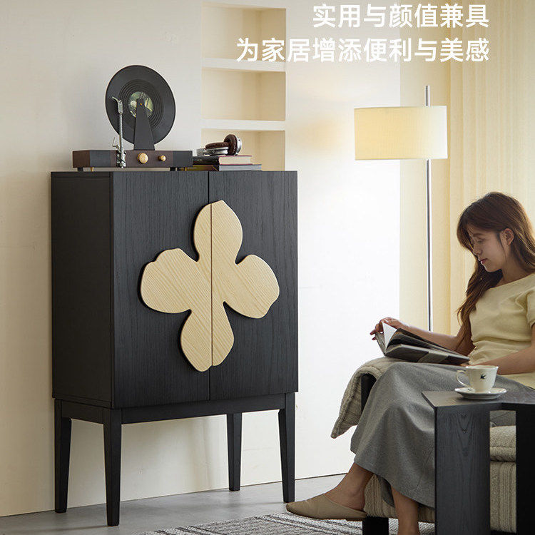 北欧中古实木餐边柜黑色客厅沙发边柜靠墙一体置物柜收纳储物柜子