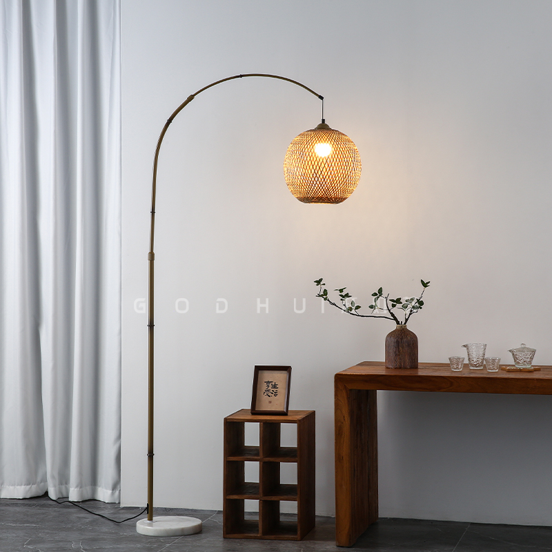 竹编落地灯新中式钓鱼灯氛围卧室客厅中古风彷竹杆客厅沙发旁灯具