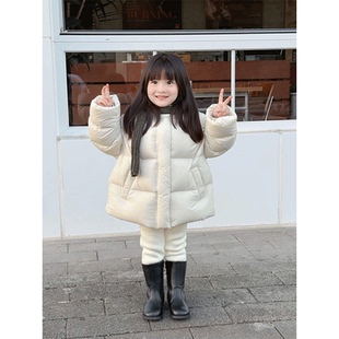 女童米白色花苞帽羽绒服2025冬装新款儿童加厚保暖中长款宝宝外套
