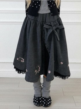 韩系复古灰色刺绣印花牛仔半身裙女秋冬中长款蝴蝶结A字中长裙子